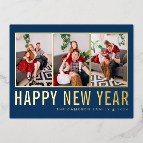 Navy Blue Modern Typography Photo Collage New Year Foil Holiday Postcard