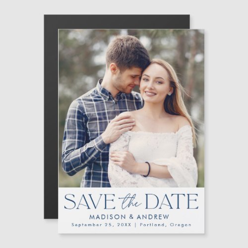 Navy Blue  Modern Typography Photo Save the Date Magnetic Invitation