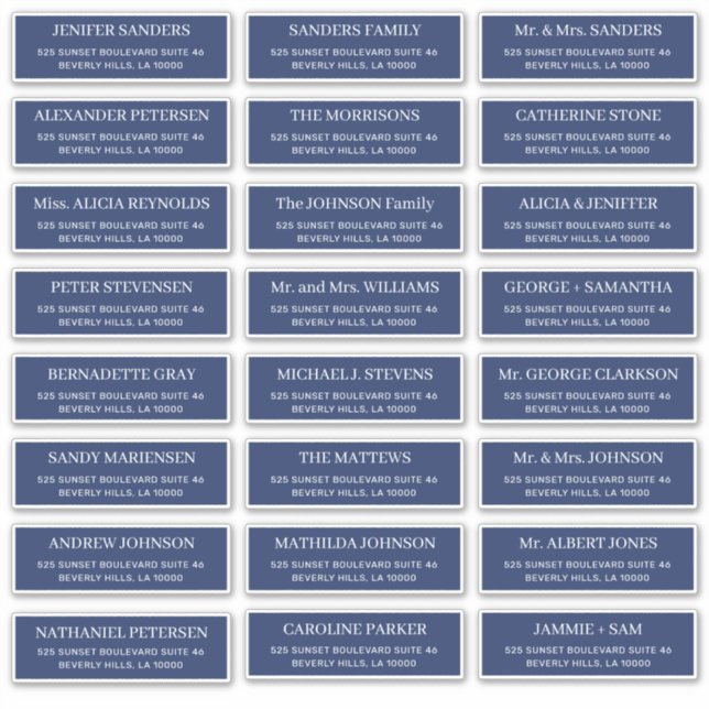 Navy blue modern typography wedding guest address sticker (Front)