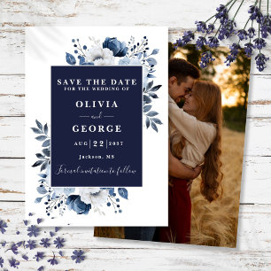 Navy Blue Modern Watercolor Floral Photo Wedding Save The Date