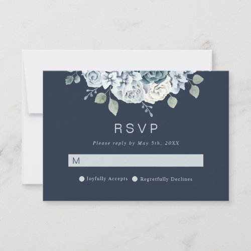 Navy Blue Modern Watercolor Floral Wedding RSVP Card