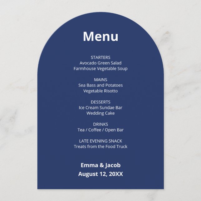 Navy Blue Modern Wedding Menu Card (Front)