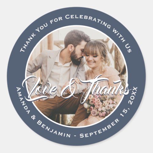 Navy Blue Modern Wedding Photo Favor Classic Round Sticker