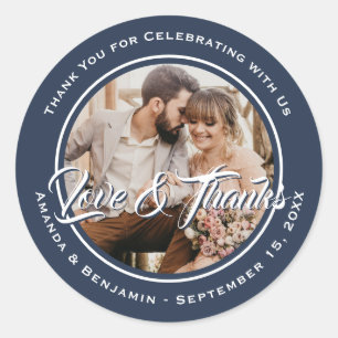 Navy Blue Modern Wedding Photo Favor Classic Round Sticker