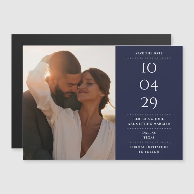Navy Blue Modern Wedding Photo Save The Date Magnetic Invitation (Front/Back)