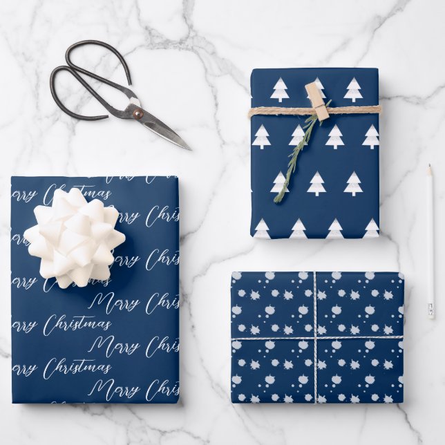 Navy Blue & Modern White Christmas Tree Wrapping Paper Sheets (Front)