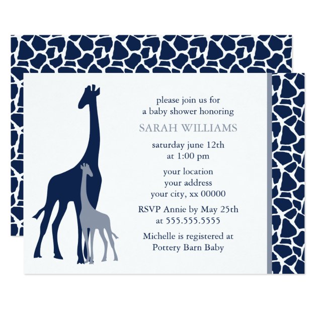 Navy Blue Mom And Baby Giraffe Baby Shower Invitation