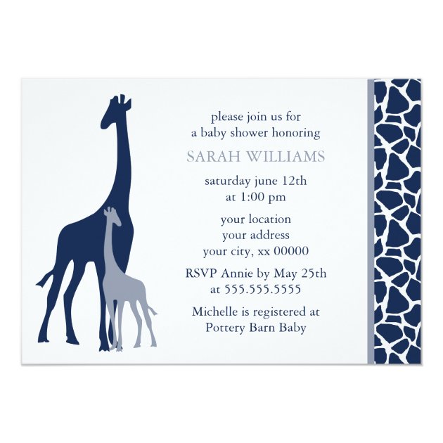 Navy Blue Mom And Baby Giraffe Baby Shower Invitation