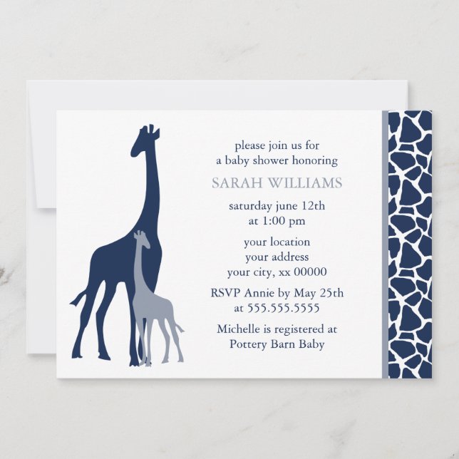 Navy Blue Mom and Baby Giraffe Baby Shower Invitation (Front)