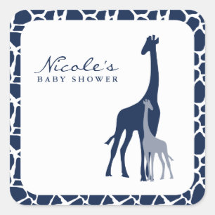 Navy Blue Mom and Baby Giraffe Square Sticker