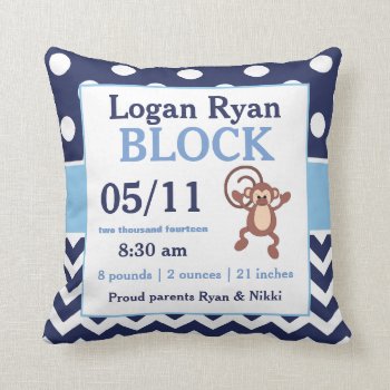 Navy Blue Monkey Baby Announcement Pillow by mybabytee at Zazzle