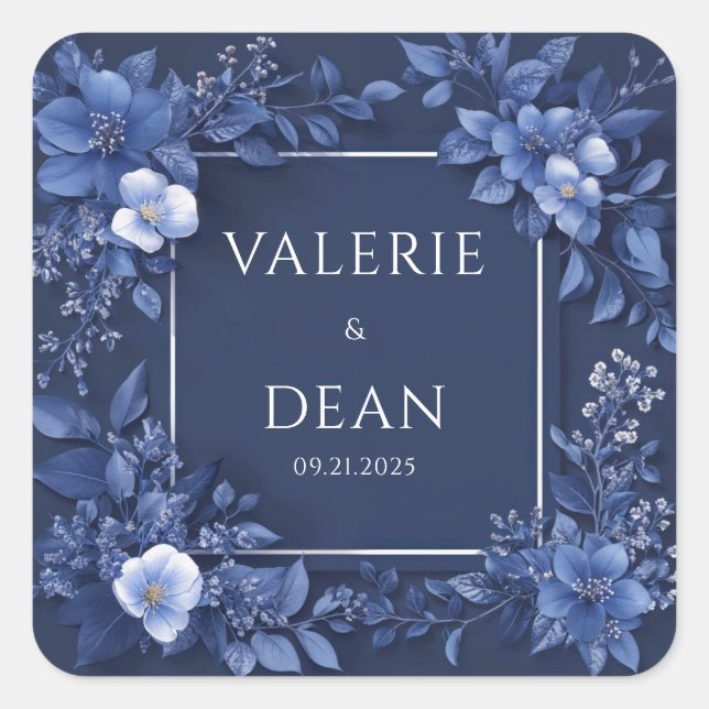 Navy Blue Monochrome Floral Modern Square Frame Square Sticker (Front)
