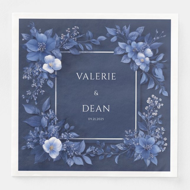 Navy Blue Monochrome Floral White Wedding Paper Dinner Napkins (Front)