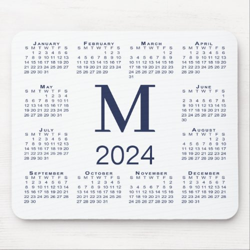 Navy Blue Monogram 2024 Calendar on White Mouse Pad