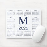 Navy Blue Monogram 2025 Calendar on White Mouse Pad<br><div class="desc">Minimal calendar mouse pad features a navy blue 2025 calendar superimposed over a white background with a bold, dark blue custom monogram above the year in the middle. Add your initial in the sidebar. If you'd like a different color background, tap "Edit using Design Tool" and select a background color...</div>