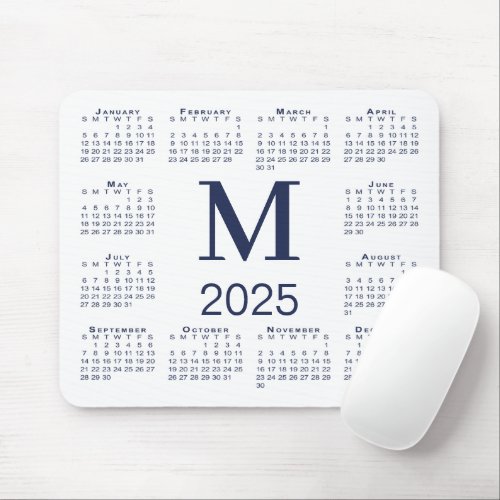 Navy Blue Monogram 2025 Calendar on White Mouse Pad