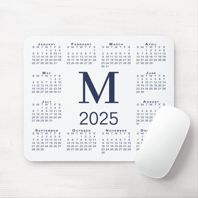 Navy Blue Monogram 2025 Calendar on White Mouse Pad (With Mouse)