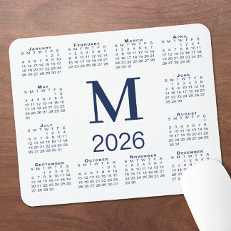 Navy Blue Monogram 2026 Calendar on White Mouse Pad