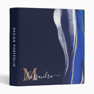 Navy Blue Monogram Abstract Watercolor Portfolio 3 Ring Binder