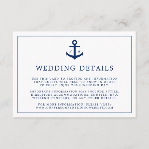 Navy Blue Monogram Anchor Nautical Wedding Enclosure Card