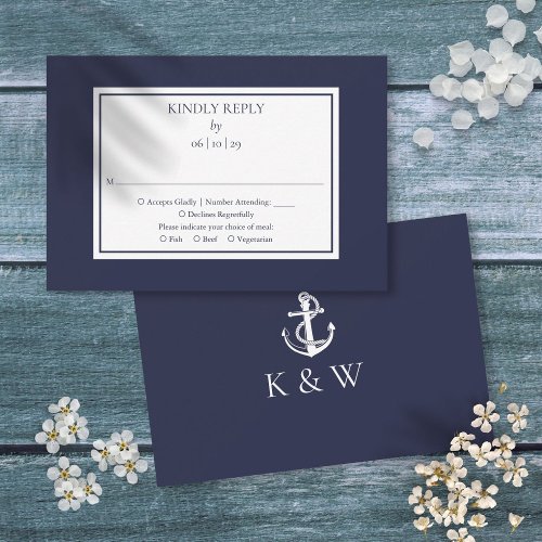 Navy Blue Monogram Anchor Nautical Wedding RSVP Card