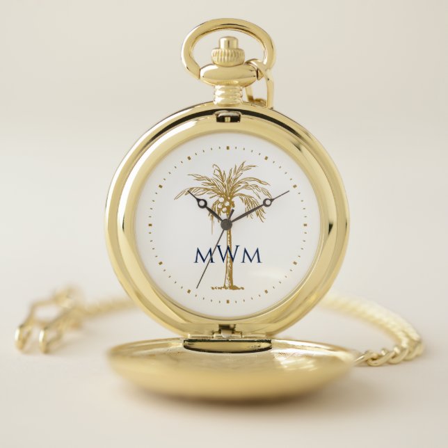 Navy Blue Monogram Artistic Golden Palm Tree Pocket Watch (Inside)