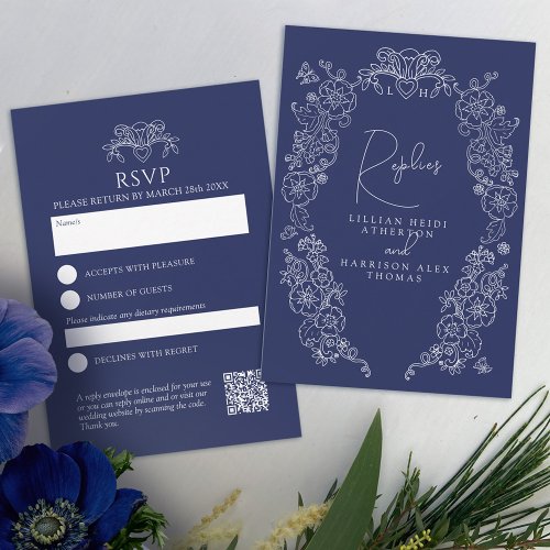 Navy blue monogram blossom RSVP wedding