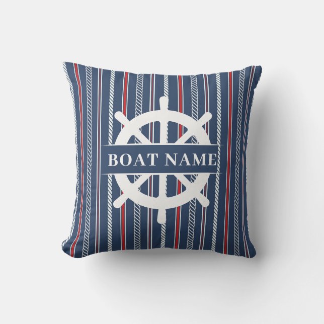 Navy Blue Monogram Boat Name Rope Stripes Nautical Outdoor Pillow (Front)