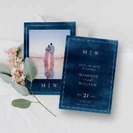 Navy Blue Monogram & Border Elegant Photo Save The Date