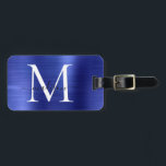 Navy Blue Monogram Brushed Metal Girly Script Name Luggage Tag<br><div class="desc">Navy Blue Monogram Brushed Metal Girly Script Name Cute Bag Tag</div>