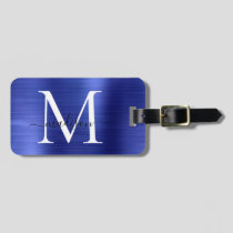 Navy Blue Monogram Brushed Metal Girly Script Name Luggage Tag