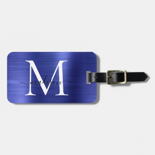 Navy Blue Monogram Brushed Metal Girly Script Name Luggage Tag