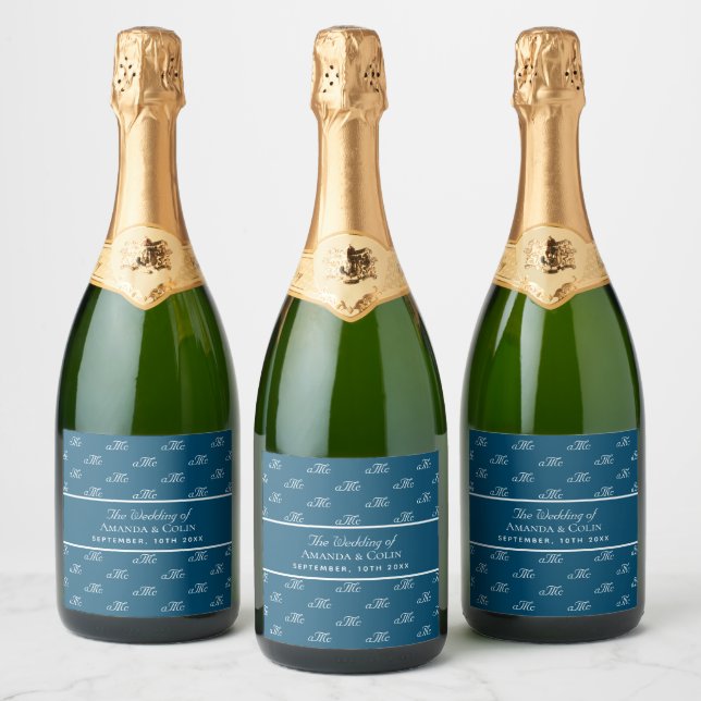 Navy blue monogram couple initials wedding sparkling wine label (Bottles)
