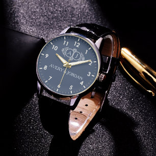 Navy Blue Monogram Couple name Watch