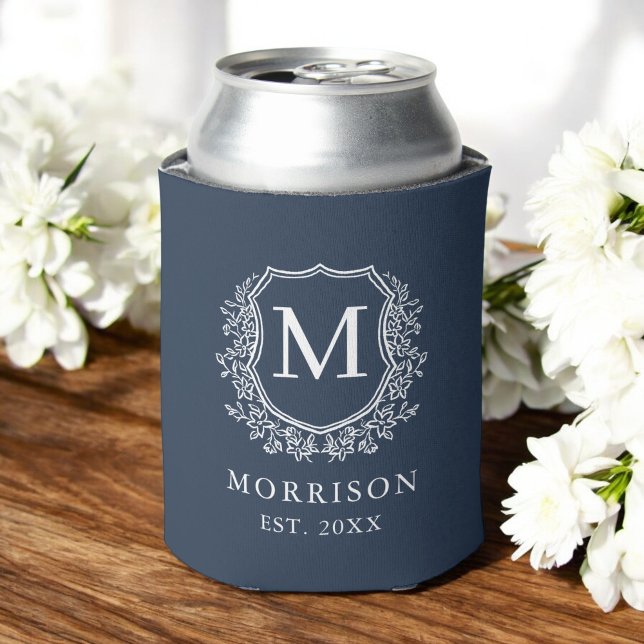 Navy Blue Monogram Crest Botanical Wedding  Can Cooler (Creator Uploaded)