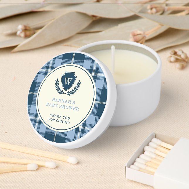 Navy Blue Monogram Crest Boy Baby Shower Thank You Mini Candle Favors (Insitu)
