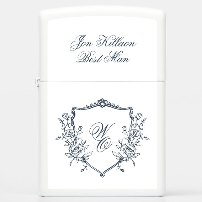 navy blue Monogram Crest Classic Elegant Wedding Zippo Lighter (Front)