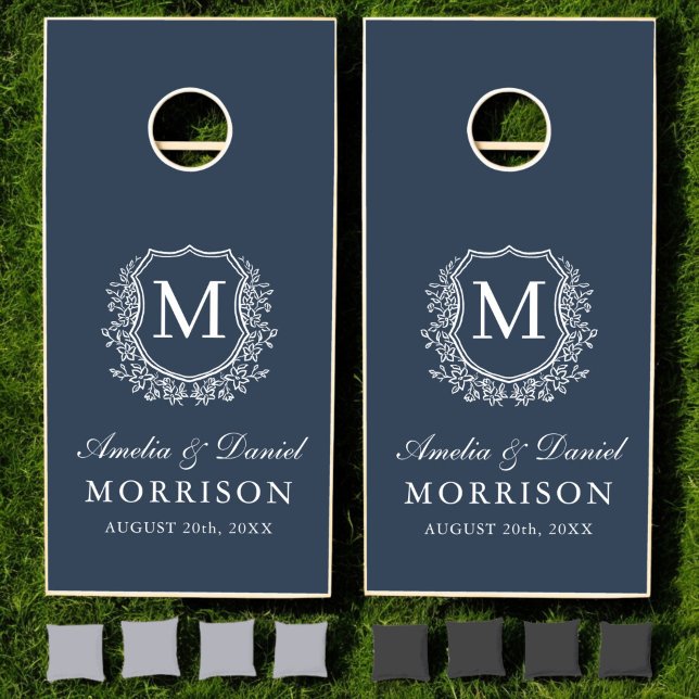 Navy Blue Monogram Crest Modern Wedding  Cornhole Set (Creator Uploaded)
