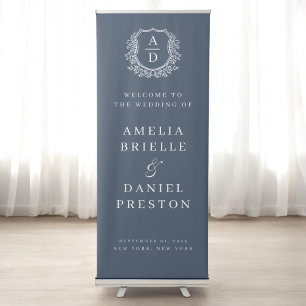 Navy Blue Monogram Crest Wedding Welcome Sign