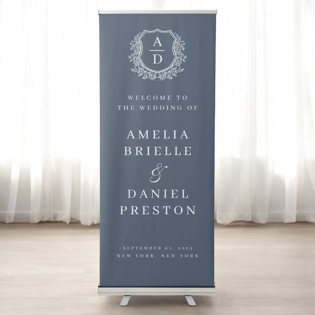 Navy Blue Monogram Crest Wedding Welcome Sign (Creator Uploaded)
