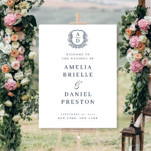 Navy Blue Monogram Crest Wedding Welcome Sign