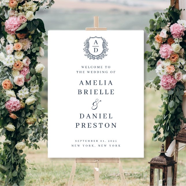 Navy Blue Monogram Crest Wedding Welcome Sign (Creator Uploaded)