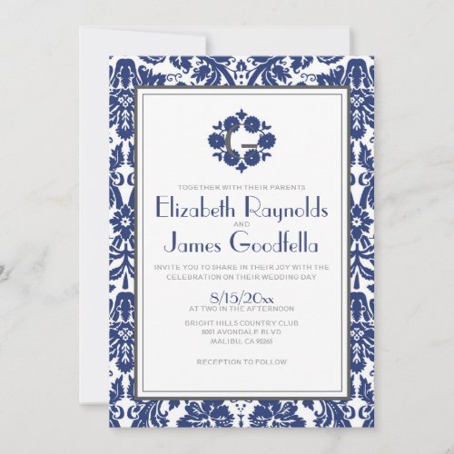 Navy Blue Monogram Damask Wedding Invitations