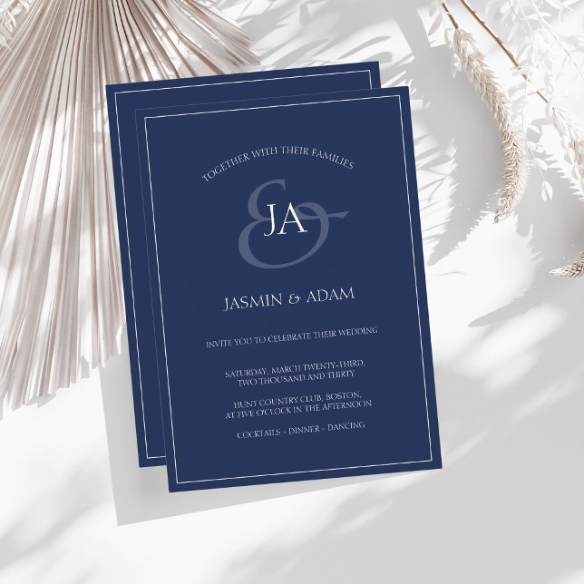 Navy Blue Monogram Elegant Minimal Wedding Holiday Card (Creator Uploaded)