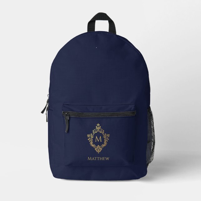 Navy Blue Monogram Faux Gold Crest and Custom Name Printed Backpack (Front)