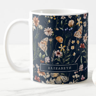 Navy Blue Monogram Floral Mug