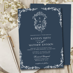 Navy Blue Monogram Floral Vintage Crest Wedding Invitation