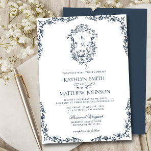 Navy Blue Monogram Floral Vintage Crest Wedding Invitation