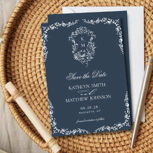 Navy Blue Monogram Floral Vintage Crest Wedding Sa Save The Date