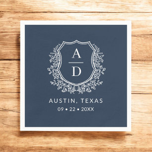 Navy Blue Monogram Floral Wedding Crest Napkins